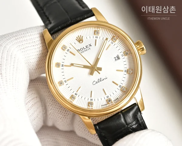 롤렉스 오토매틱 40mm 화이트 다이얼 블랙 가죽 스트랩 골드 베젤 (2)