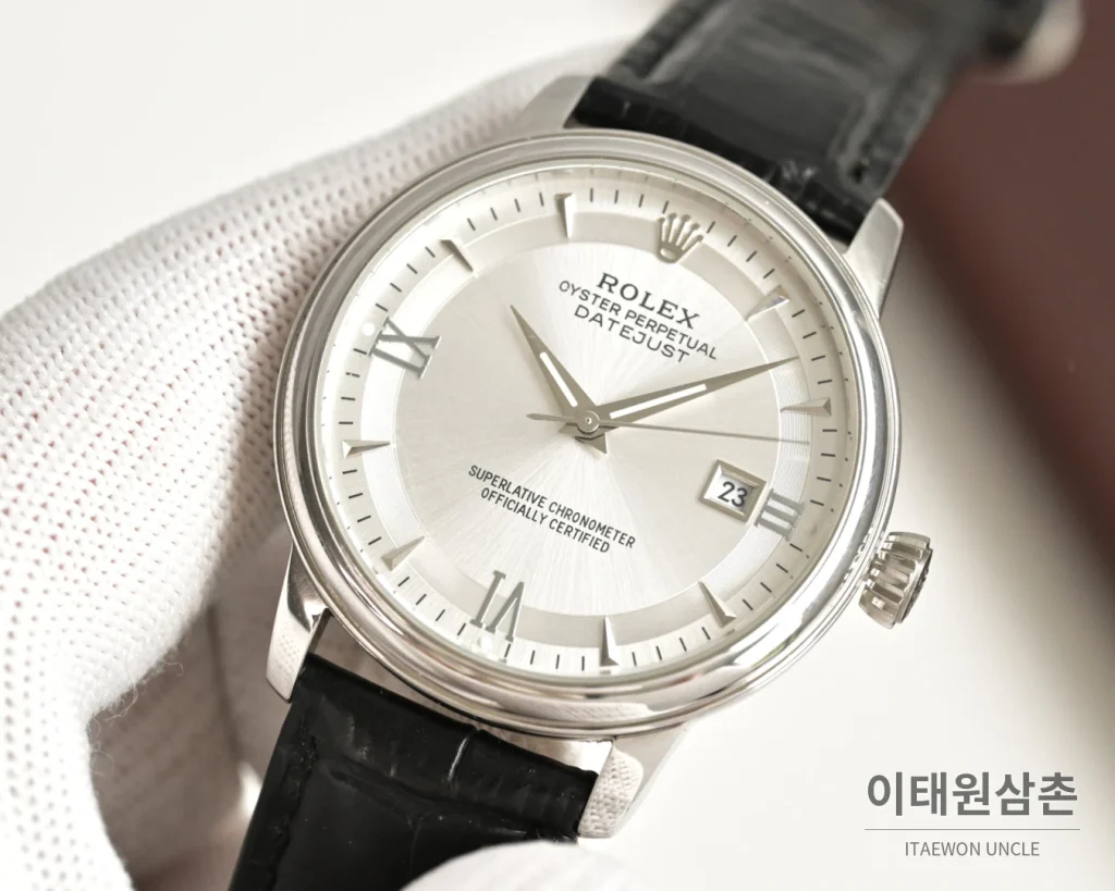 롤렉스 오토매틱 40mm 실버 다이얼 블랙 가죽 스트랩 (2)