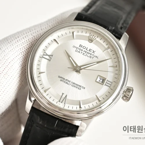 롤렉스 오토매틱 40mm 실버 다이얼 블랙 가죽 스트랩 (2)