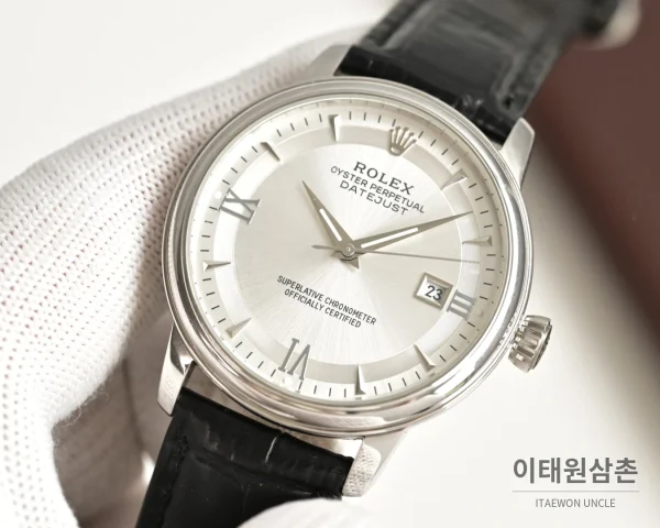 롤렉스 오토매틱 40mm 실버 다이얼 블랙 가죽 스트랩 (2)