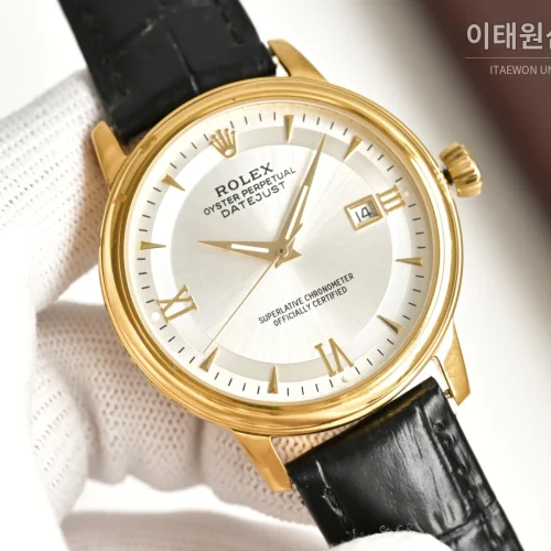 롤렉스 오토매틱 40mm 실버 다이얼 블랙 가죽 스트랩 골드 베젤 (2)