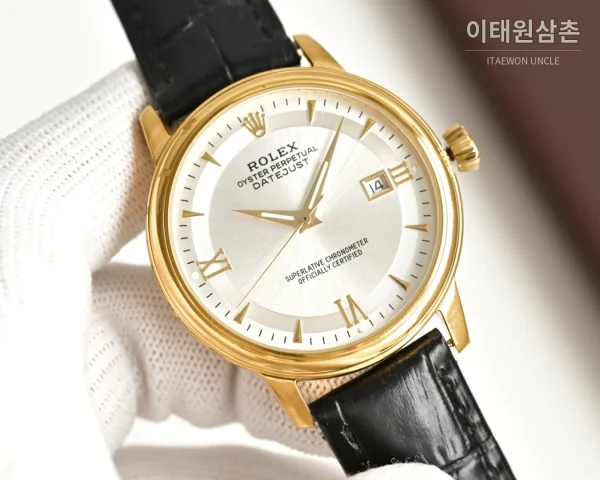 롤렉스 오토매틱 40mm 실버 다이얼 블랙 가죽 스트랩 골드 베젤 (2)