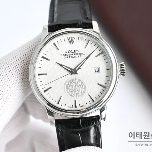 롤렉스 오토매틱 40mm 실버 다이얼 블랙 가죽 스트랩 (3)