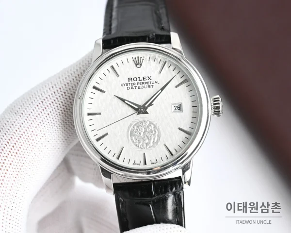 롤렉스 오토매틱 40mm 실버 다이얼 블랙 가죽 스트랩 (3)