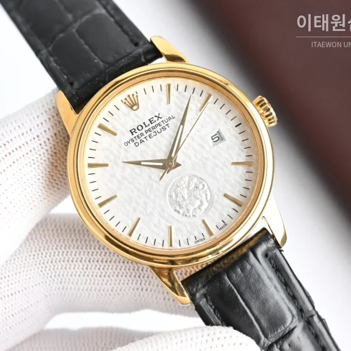 롤렉스 오토매틱 40mm 화이트 다이얼 블랙 가죽 스트랩 골드 베젤 (3)