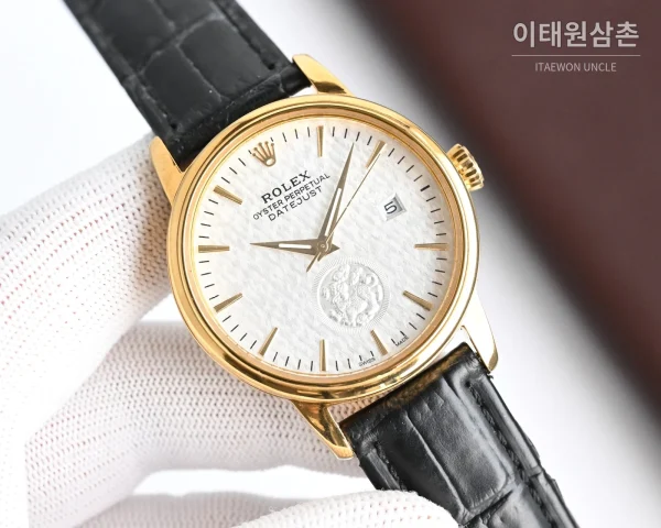 롤렉스 오토매틱 40mm 화이트 다이얼 블랙 가죽 스트랩 골드 베젤 (3)