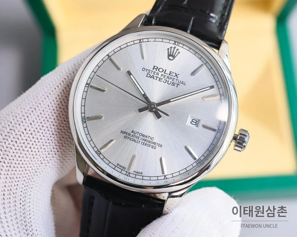 롤렉스 오토매틱 40mm 실버 다이얼 블랙 가죽 스트랩 (4)