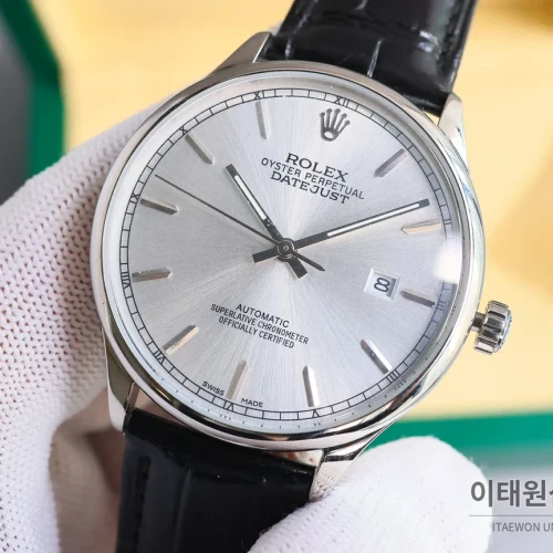 롤렉스 오토매틱 40mm 실버 다이얼 블랙 가죽 스트랩 (4)