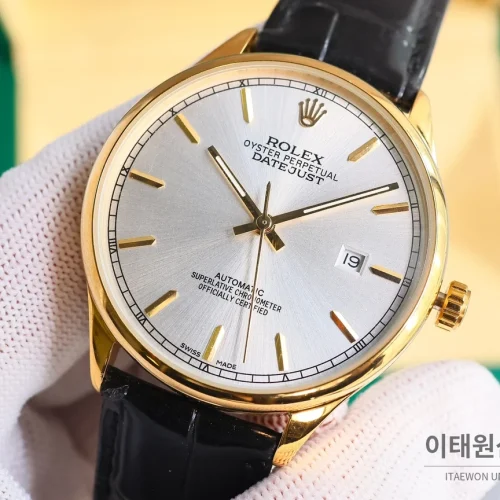 롤렉스 오토매틱 40mm 실버 다이얼 블랙 가죽 스트랩 골드 베젤 (3)