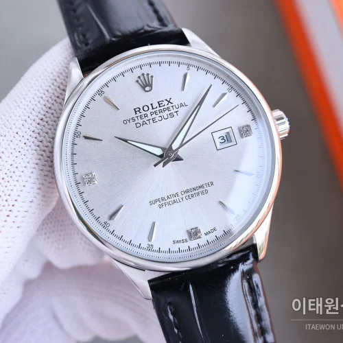 롤렉스 오토매틱 40mm 실버 다이얼 블랙 가죽 스트랩