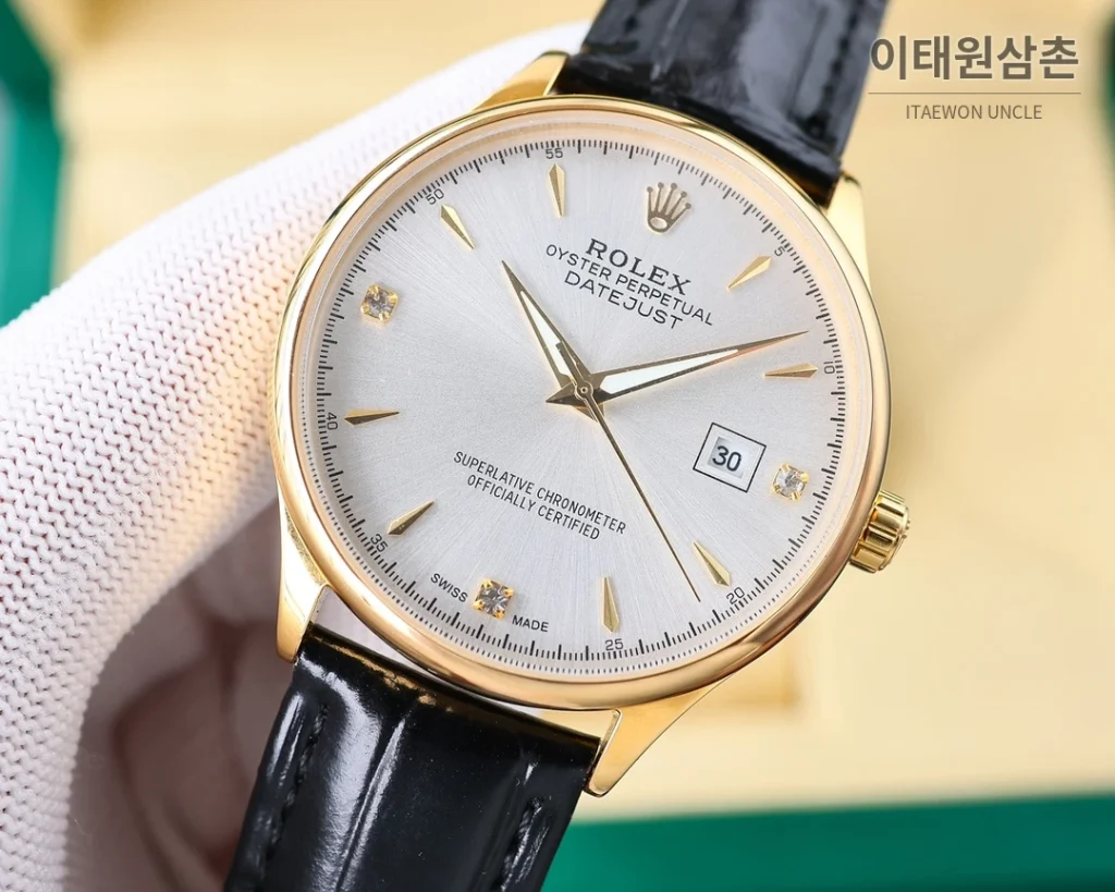 롤렉스 오토매틱 40mm 실버 다이얼 블랙 가죽 스트랩 골드 케이스