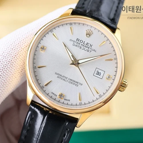 롤렉스 오토매틱 40mm 실버 다이얼 블랙 가죽 스트랩 골드 케이스