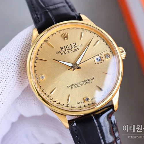 롤렉스 오토매틱 40mm 샴페인 다이얼 블랙 가죽 스트랩 골드 베젤