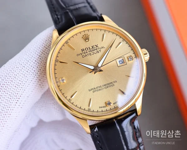 롤렉스 오토매틱 40mm 샴페인 다이얼 블랙 가죽 스트랩 골드 베젤