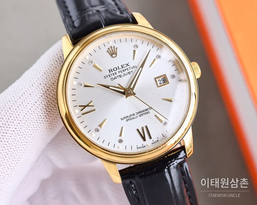 롤렉스 오토매틱 40mm 화이트 다이얼 블랙 가죽 스트랩 골드 베젤