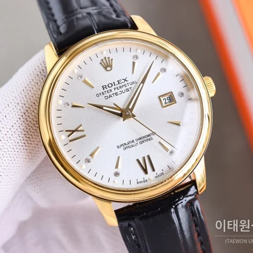 롤렉스 오토매틱 40mm 화이트 다이얼 블랙 가죽 스트랩 골드 베젤