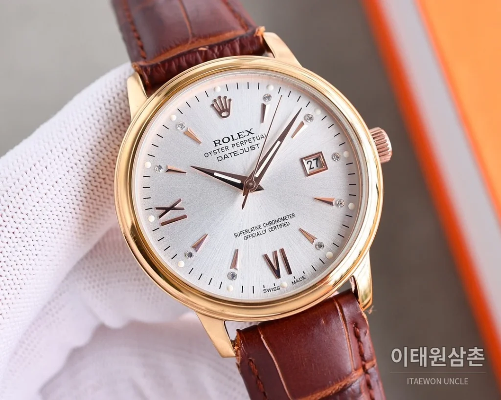 롤렉스 오토매틱 40mm 실버 다이얼 브라운 가죽 스트랩 골드 베젤