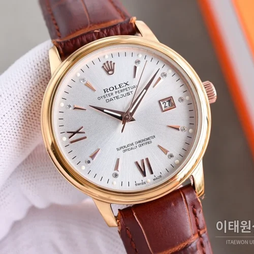 롤렉스 오토매틱 40mm 실버 다이얼 브라운 가죽 스트랩 골드 베젤