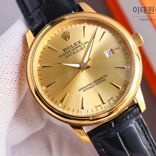 롤렉스 오토매틱 40mm 골드 다이얼 블랙 가죽 스트랩 골드 케이스