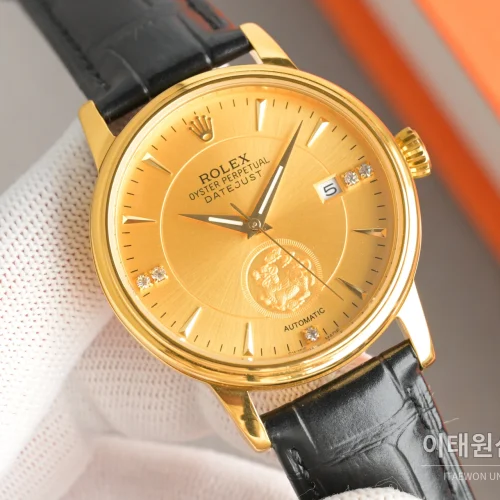 롤렉스 오토매틱 40mm 골드 다이얼 블랙 가죽 스트랩 골드 케이스 (2)