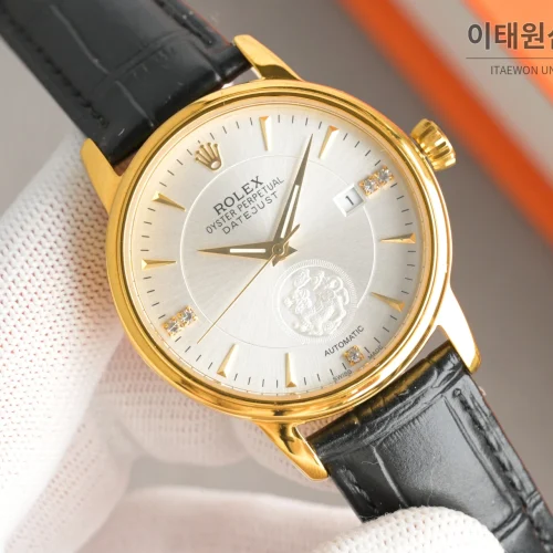 롤렉스 오토매틱 40mm 실버 다이얼 블랙 가죽 스트랩 골드 베젤