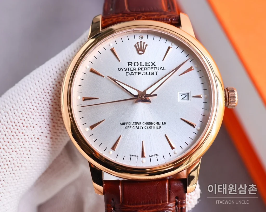 롤렉스 오토매틱 40mm 실버 다이얼 브라운 가죽 스트랩 로즈골드 베젤