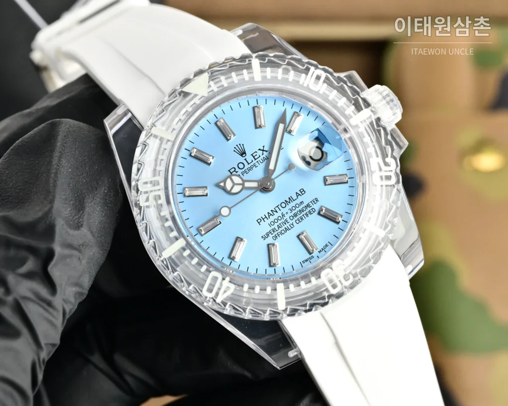 롤렉스 오토매틱 40mm 아이스블루 다이얼 화이트 러버 스트랩