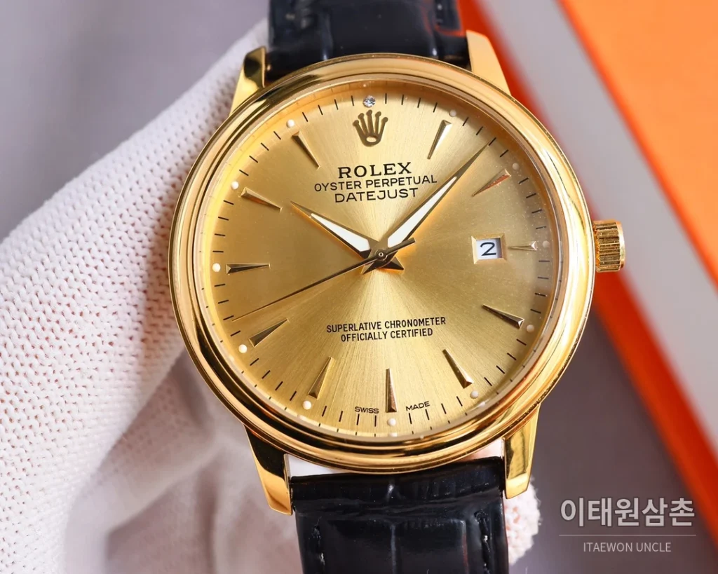 롤렉스 오토매틱 40mm 골드 다이얼 블랙 가죽 스트랩 골드 케이스
