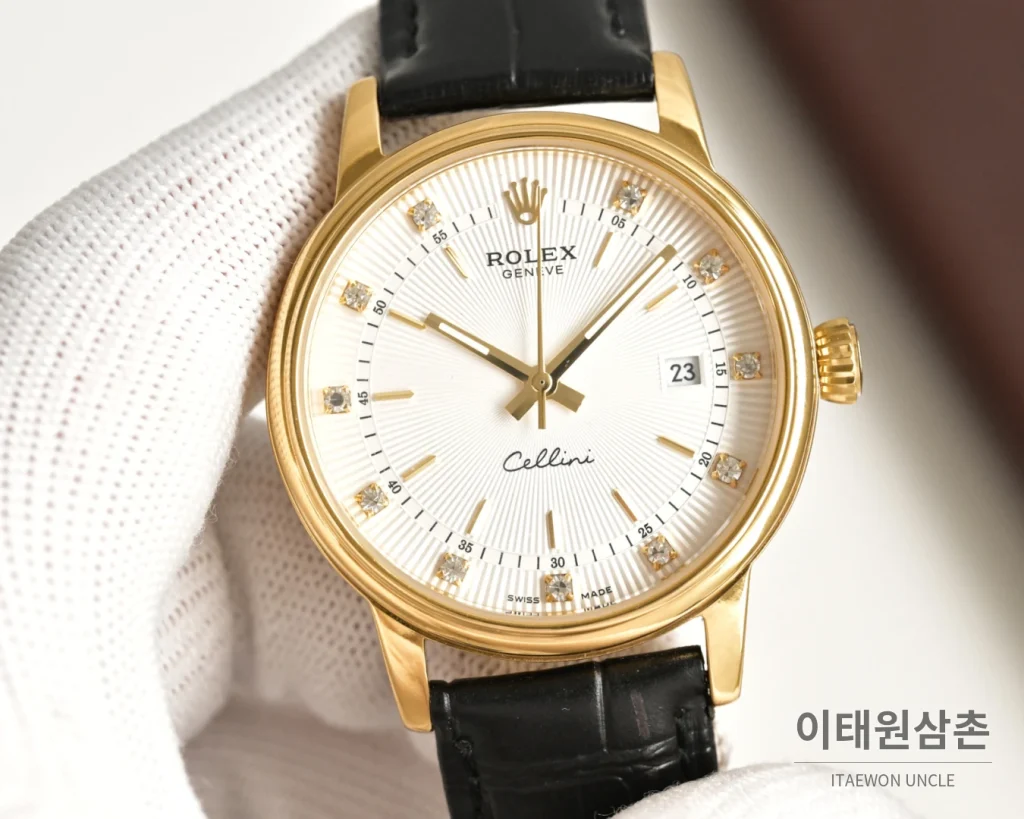 롤렉스 오토매틱 40mm 화이트 다이얼 블랙 가죽 스트랩 골드 베젤 (2)