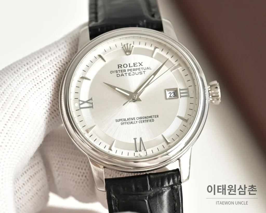 롤렉스 오토매틱 40mm 실버 다이얼 블랙 가죽 스트랩 (2)