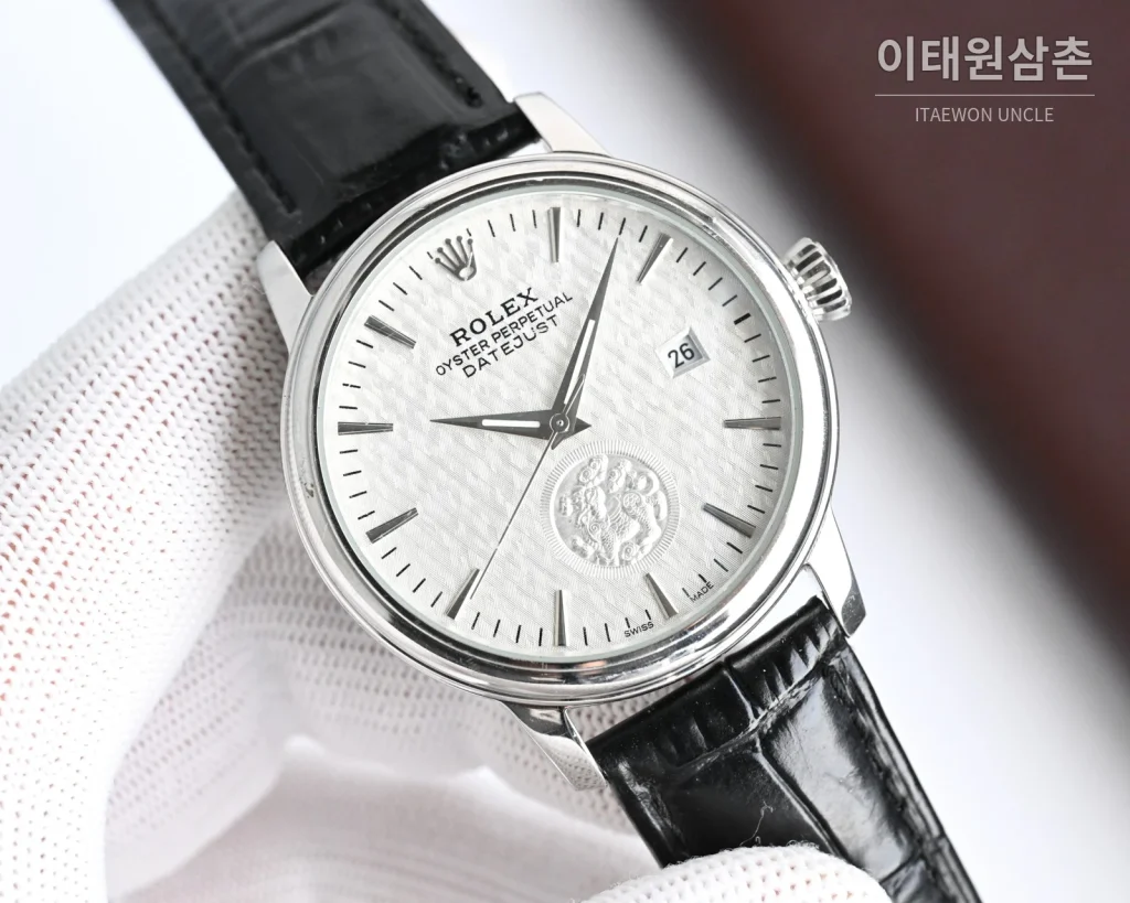 롤렉스 오토매틱 40mm 실버 다이얼 블랙 가죽 스트랩 (3)