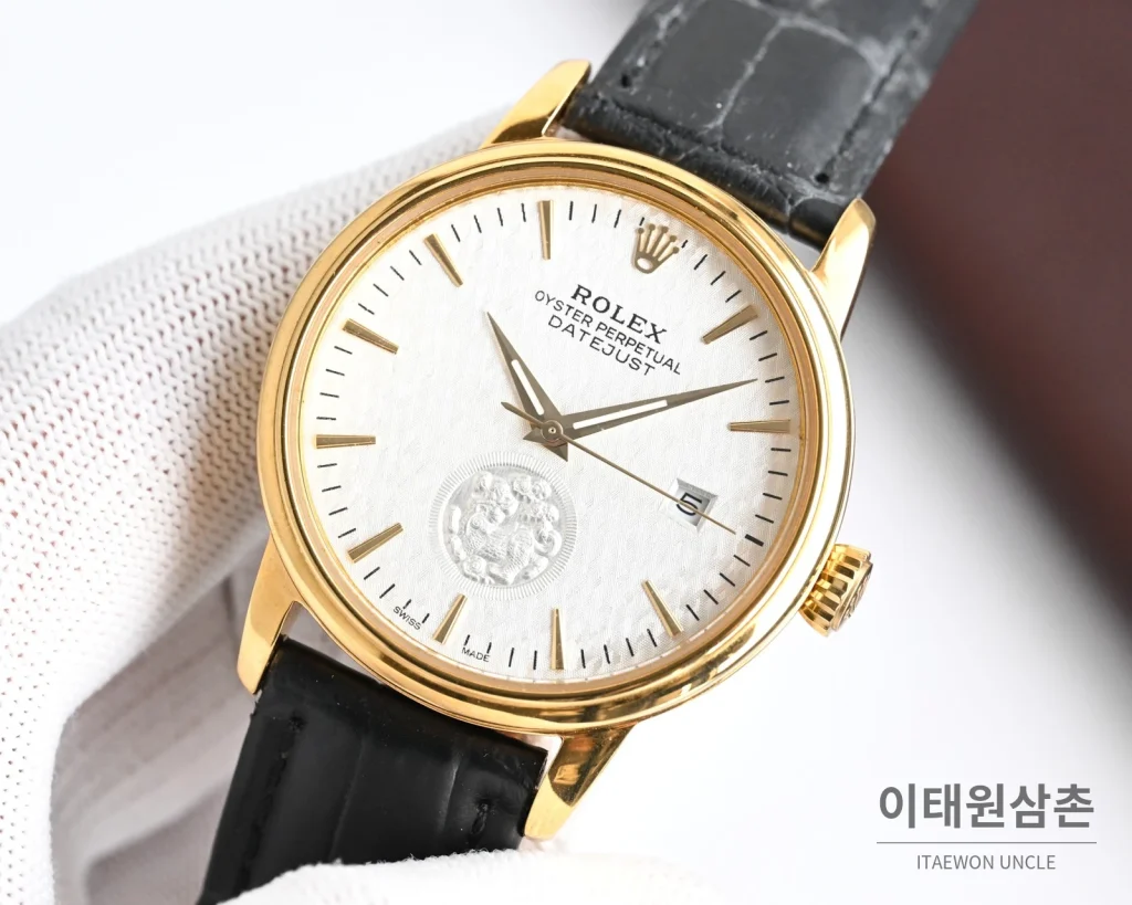 롤렉스 오토매틱 40mm 화이트 다이얼 블랙 가죽 스트랩 골드 베젤 (3)