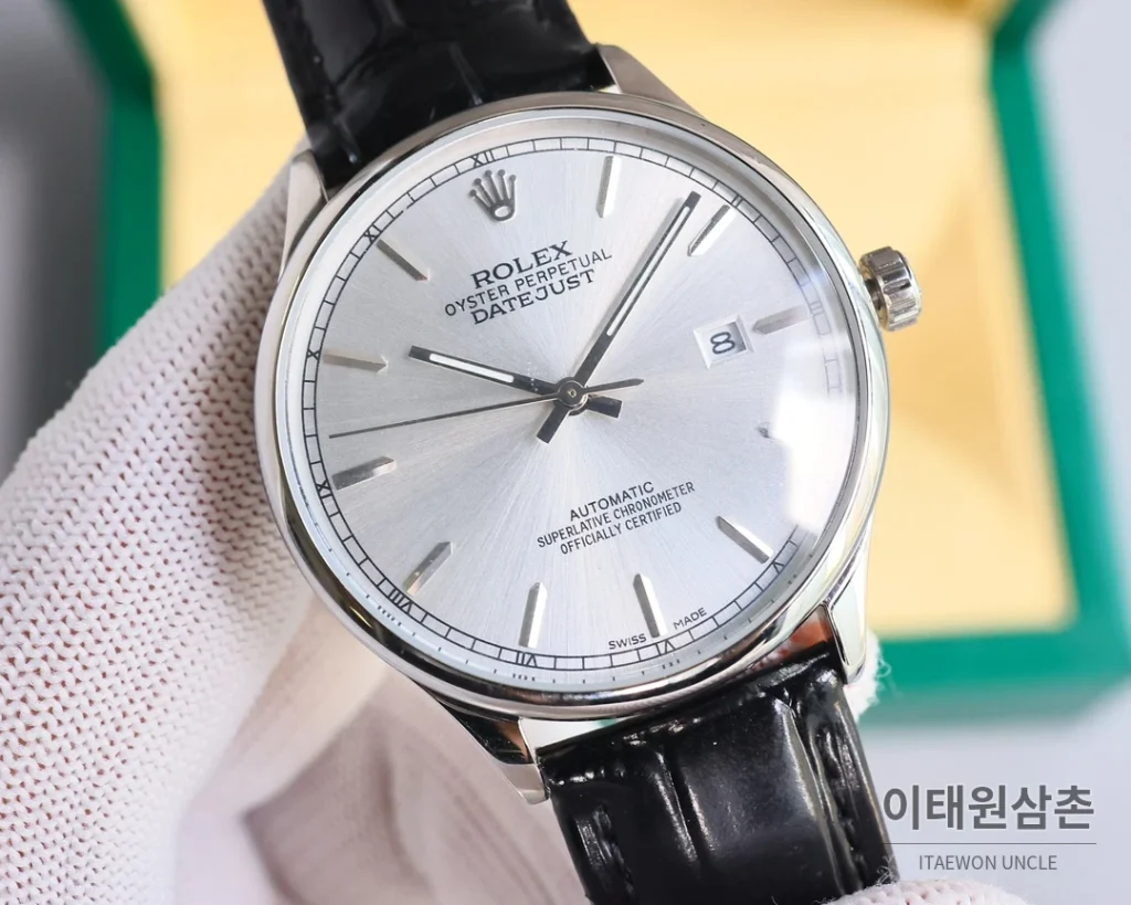 롤렉스 오토매틱 40mm 실버 다이얼 블랙 가죽 스트랩 (4)