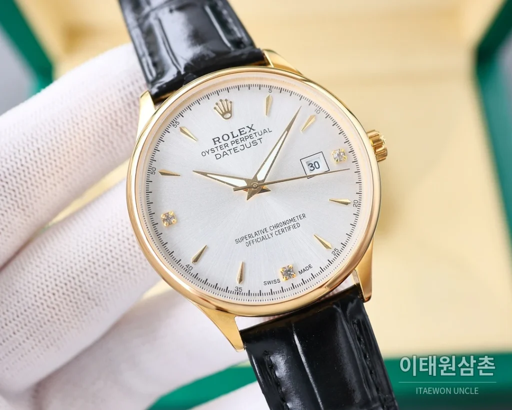 롤렉스 오토매틱 40mm 실버 다이얼 블랙 가죽 스트랩 골드 케이스