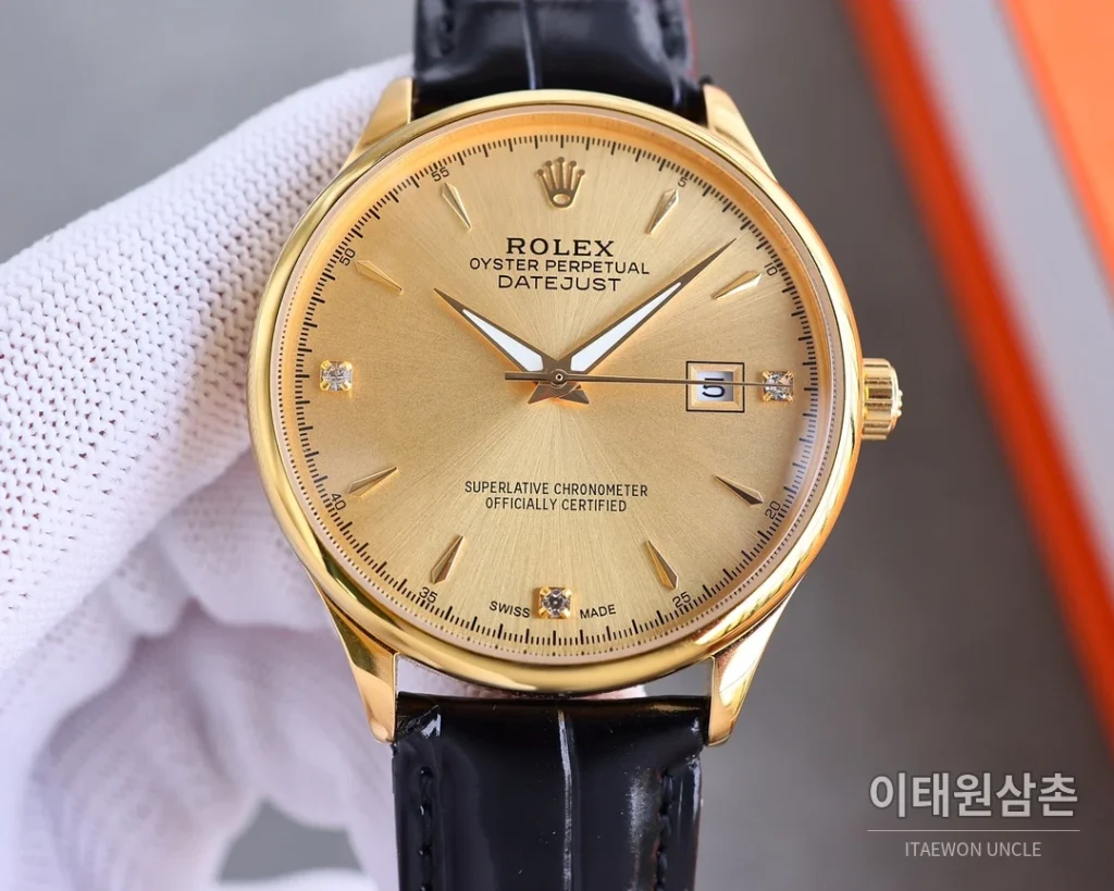 롤렉스 오토매틱 40mm 샴페인 다이얼 블랙 가죽 스트랩 골드 베젤