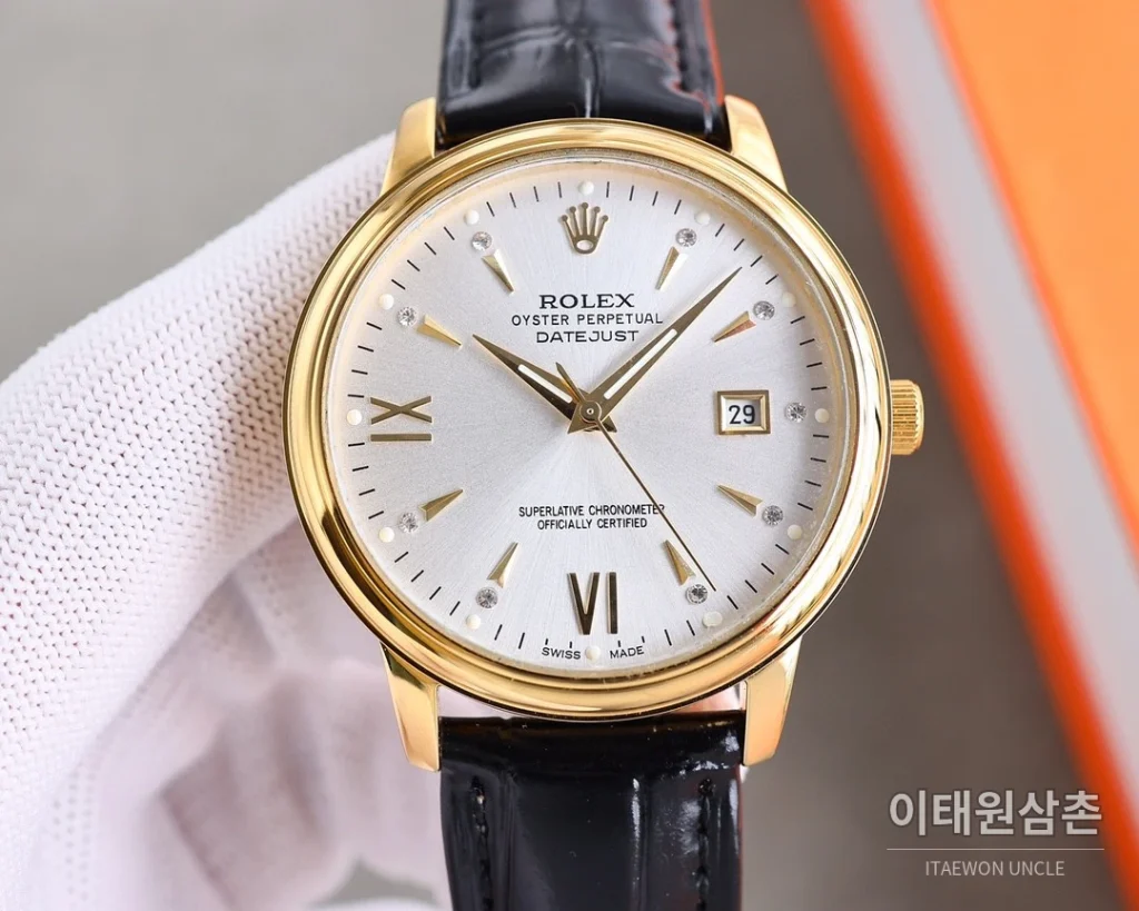 롤렉스 오토매틱 40mm 화이트 다이얼 블랙 가죽 스트랩 골드 베젤