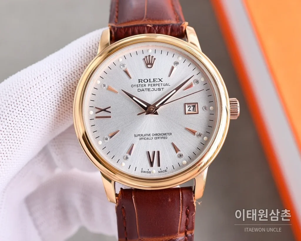 롤렉스 오토매틱 40mm 실버 다이얼 브라운 가죽 스트랩 골드 베젤