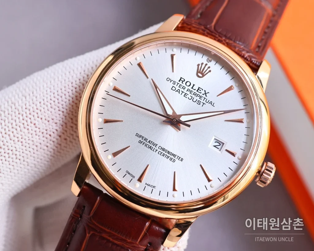 롤렉스 오토매틱 40mm 실버 다이얼 브라운 가죽 스트랩 로즈골드 베젤