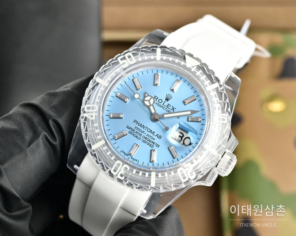 롤렉스 오토매틱 40mm 아이스블루 다이얼 화이트 러버 스트랩