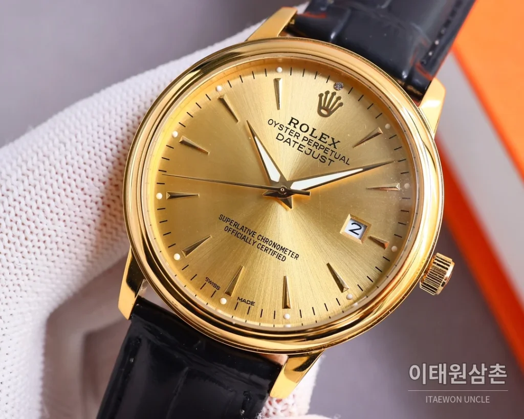 롤렉스 오토매틱 40mm 골드 다이얼 블랙 가죽 스트랩 골드 케이스