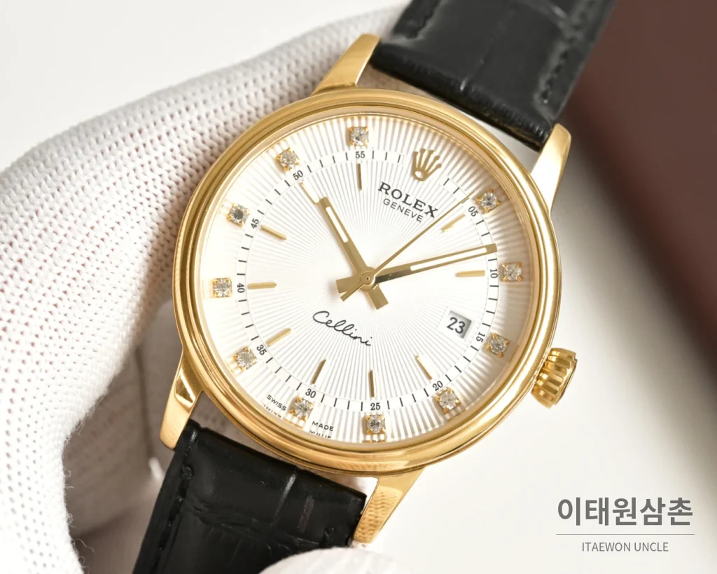 롤렉스 오토매틱 40mm 화이트 다이얼 블랙 가죽 스트랩 골드 베젤 (2)