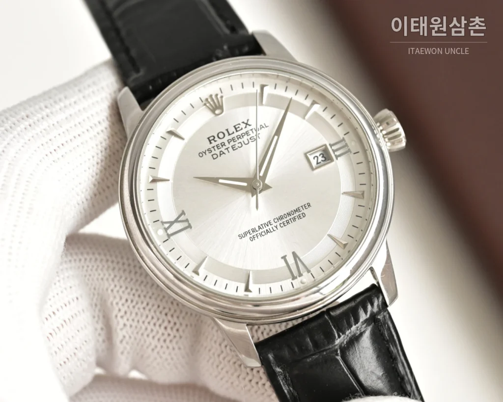 롤렉스 오토매틱 40mm 실버 다이얼 블랙 가죽 스트랩 (2)