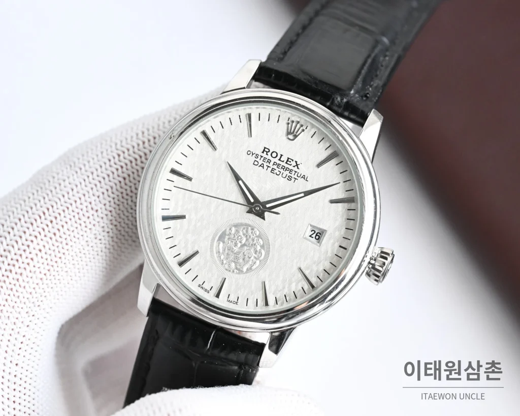 롤렉스 오토매틱 40mm 실버 다이얼 블랙 가죽 스트랩 (3)