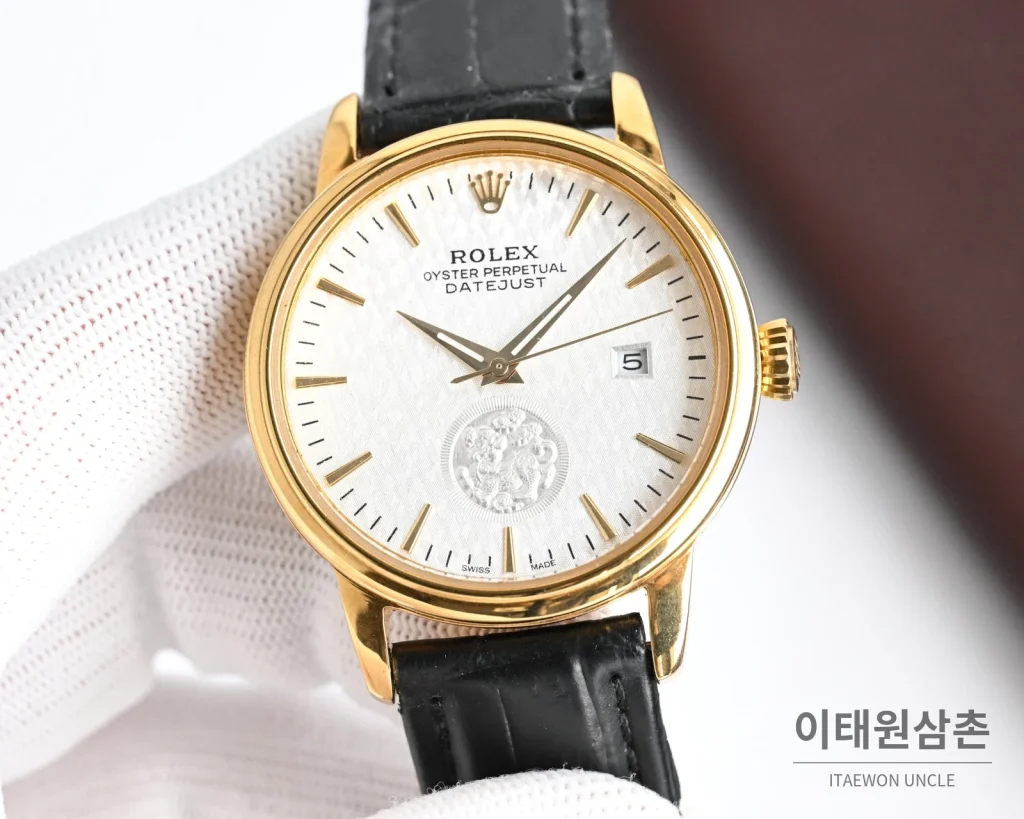 롤렉스 오토매틱 40mm 화이트 다이얼 블랙 가죽 스트랩 골드 베젤 (3)
