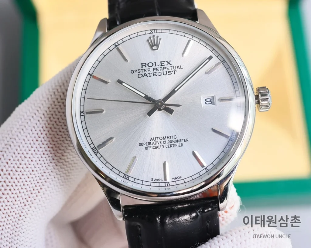 롤렉스 오토매틱 40mm 실버 다이얼 블랙 가죽 스트랩 (4)