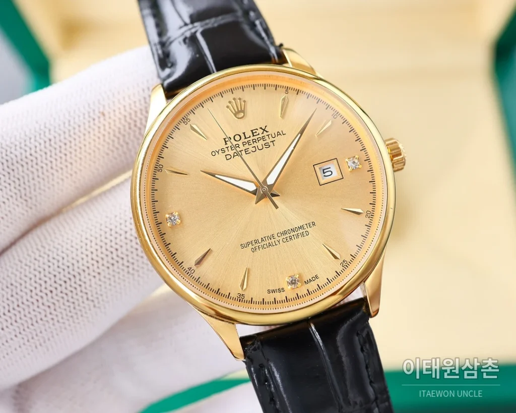 롤렉스 오토매틱 40mm 실버 다이얼 블랙 가죽 스트랩 골드 케이스