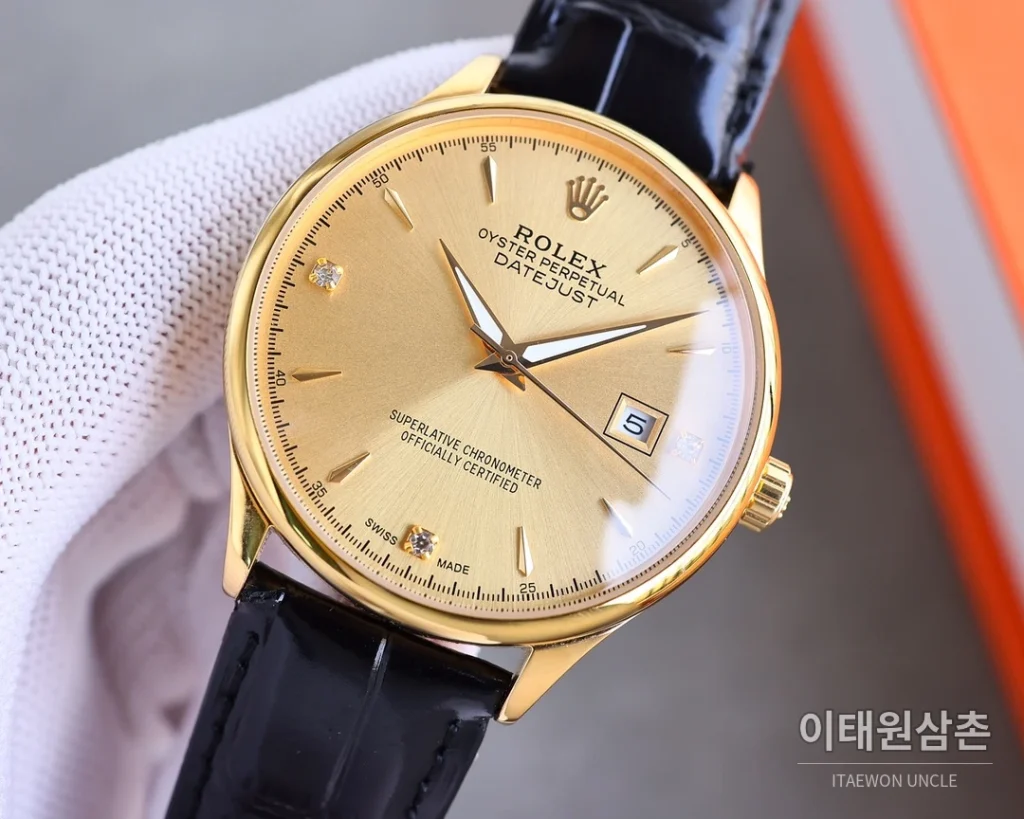 롤렉스 오토매틱 40mm 샴페인 다이얼 블랙 가죽 스트랩 골드 베젤