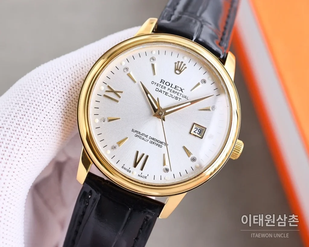 롤렉스 오토매틱 40mm 화이트 다이얼 블랙 가죽 스트랩 골드 베젤