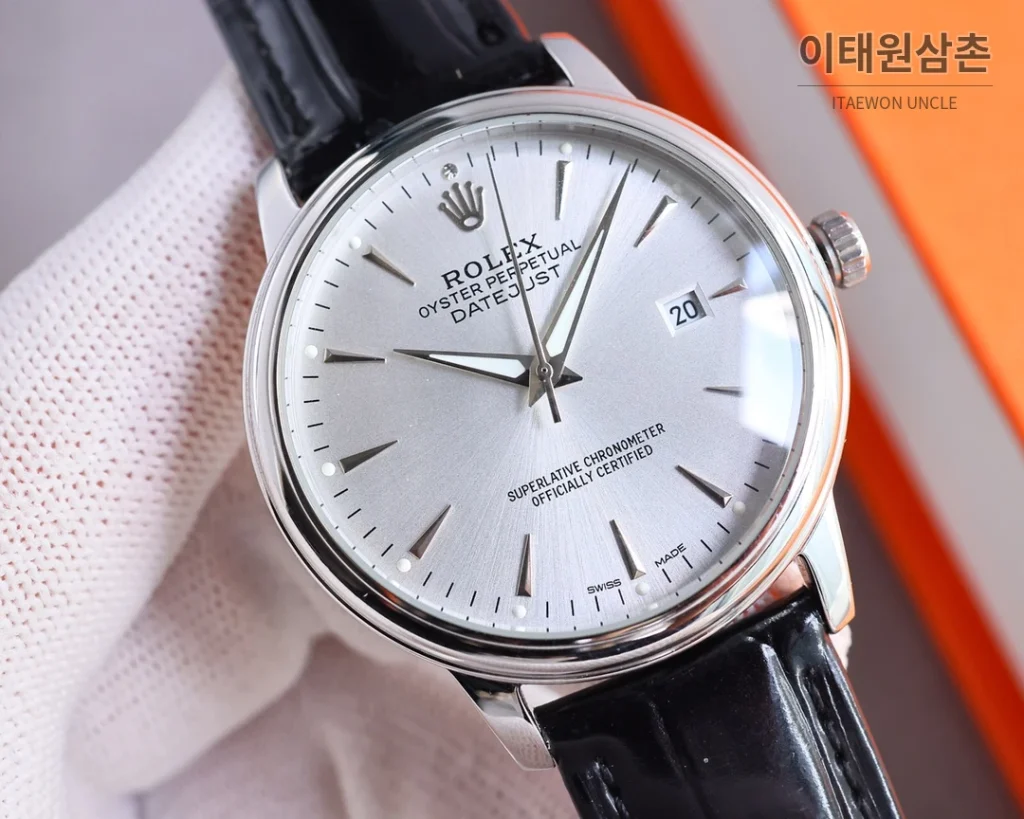롤렉스 오토매틱 40mm 실버 다이얼 브라운 가죽 스트랩 로즈골드 베젤