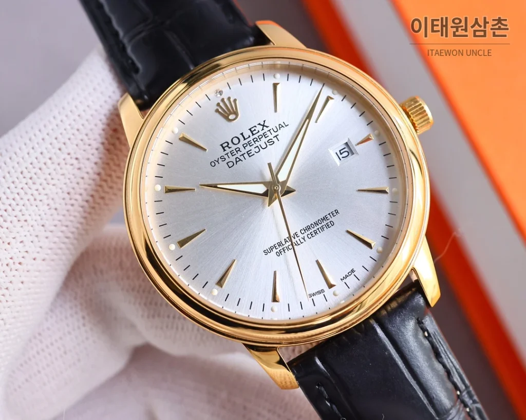 롤렉스 오토매틱 40mm 골드 다이얼 블랙 가죽 스트랩 골드 케이스